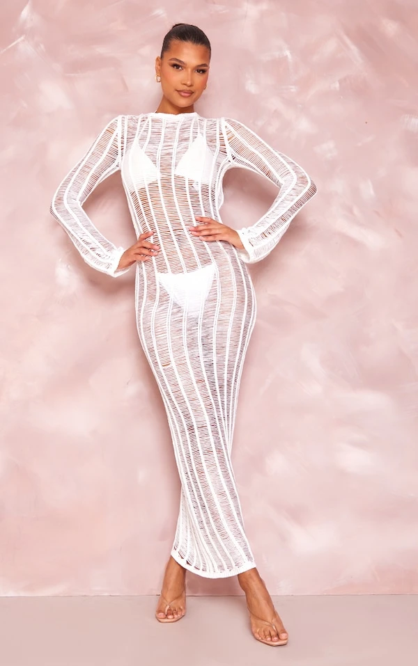 Robe Longue En Maille Tricot Crème à Franges Et Dos Nu 1 Robe Longue En Maille Tricot Crème à Franges Et Dos Nu