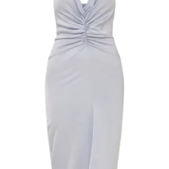 Robe Mi-longue Satinée Bleu-gris Froncée Sur La Taille à Dos Nu Et Décolleté Plongeant -Pas Cher Robe Tendre Magasin 5394ae85cb71e4c5f7c40914f3e3aed8cf9a1740 cnd2203 5