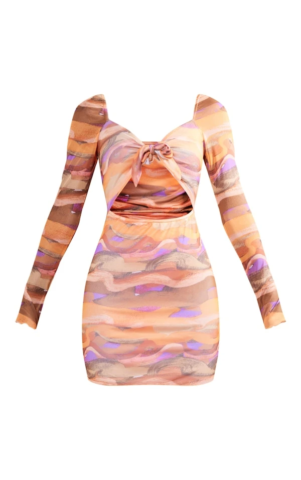 Robe Moulante En Mesh Imprimé Tourbillons Multicolores à Découpes Et Devant Noué 5 Robe Moulante En Mesh Imprimé Tourbillons Multicolores à Découpes Et Devant Noué – Image 5