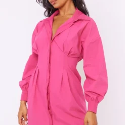 Robe Chemise Ajustée Rose Vif à Manches Longues