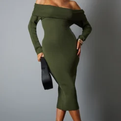 Robe Mi-longue Kaki En Maille Tricot Ă Col Bardot