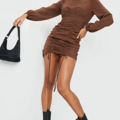 Robe Moulante Manches Longues Froncée Chocolat