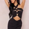 Robe Moulante Dos Nu En Effet Lin Noir à Multiples Découpes Et Anneaux
