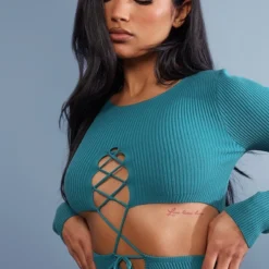 Robe Côtelée Vert émeraude à Lacets Devant -Pas Cher Robe Tendre Magasin 57482f44ef544611cf21487d3508a89d30a33aab cnb6435 4