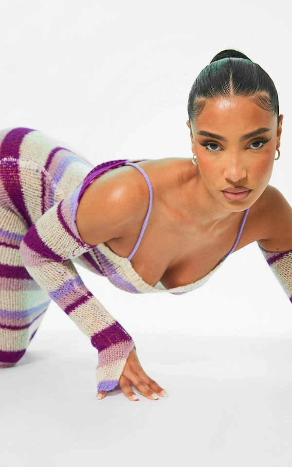 Robe Longue En Maille Tricot Ajourée à Rayures Lilas Et Manches 4 Robe Longue En Maille Tricot Ajourée à Rayures Lilas Et Manches – Image 4