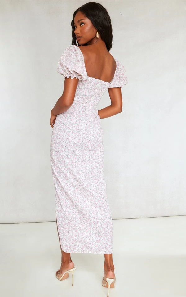 Robe-corset Longue Texturée Fleurie Rose à Manches Bouffantes 2 Robe-corset Longue Texturée Fleurie Rose à Manches Bouffantes – Image 2