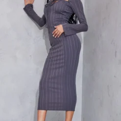 Robe Longue Côtelée Gris Anthracite Découpée à Nouer Dans Le Cou -Pas Cher Robe Tendre Magasin 59b00e2457a06f788853aa154551a37f5cdc5200 cnd4071 3