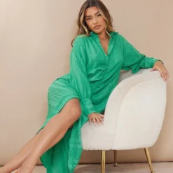 Robe Chemise Mi-longue Texturée Verte à Manches Longues Et Fronces -Pas Cher Robe Tendre Magasin 59c24ddd5a7e3585778b7525bb2b6f2d5fc977bc cmz0518 4