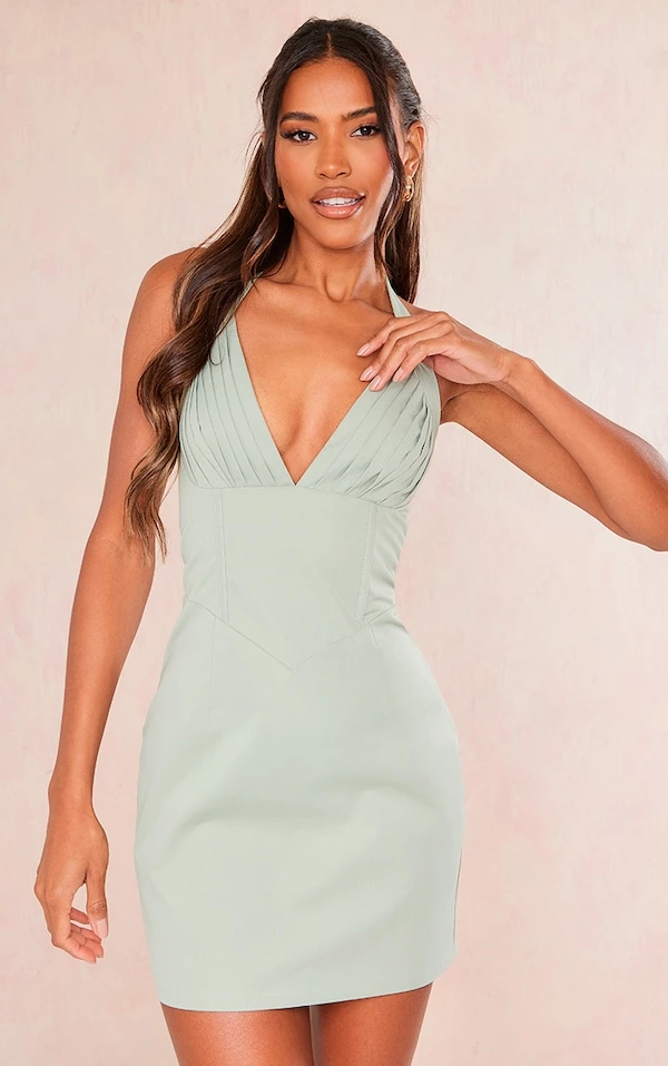 Robe Moulante En Maille Tissée Vert Sauge Kaki à Bonnets Plissés Et Dos Nu 1 Robe Moulante En Maille Tissée Vert Sauge Kaki à Bonnets Plissés Et Dos Nu