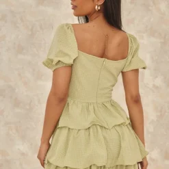 Robe Patineuse Vert Sauge Crêpée à Détail Bonnets Et Jupe étagée -Pas Cher Robe Tendre Magasin 5b920003bbea06a3992e11f90b2e1230d5ad7ae8 cne2963 2