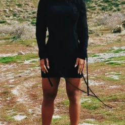 Robe Moulante Portefeuille En Maille Tricot Noire Nouée