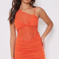 Robe Moulante En Mesh Orange Asymétrique à Liserés Structurants Et Détail Corset