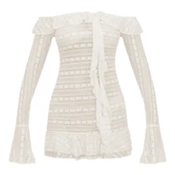 Robe Moulante Drapée En Dentelle Crème Transparente à Col Bardot Et Volants -Pas Cher Robe Tendre Magasin 5d60bdcd59c4293f028024df3c9b9302d30dc114 cne3764 5