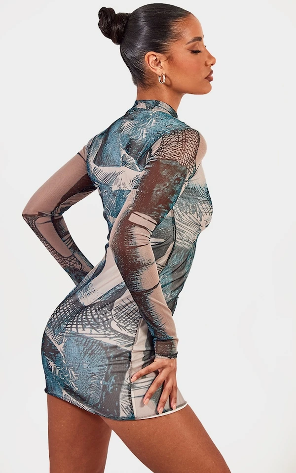 Robe Moulante En Mesh Froncé Vert Imprimé Abstrait à Manches Longues 2 Robe Moulante En Mesh Froncé Vert Imprimé Abstrait à Manches Longues – Image 2