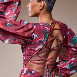 Robe Mi-longue En Mousseline De Soie Prune Imprimée à Lacer Dans Le Dos Et Manches Longues -Pas Cher Robe Tendre Magasin 5e4269142ce680598b2585504fbb22205795a412 cnc3054 4