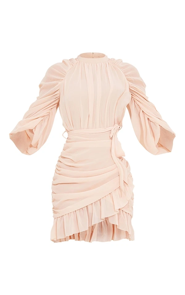 Robe Moulante En Mousseline De Soie Volantée Gris Pierre à Manches Froncées 5 Robe Moulante En Mousseline De Soie Volantée Gris Pierre à Manches Froncées – Image 5