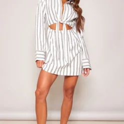 Robe Chemise Rayée Grise à Manches Longues Et Détail Noué Devant -Pas Cher Robe Tendre Magasin 5faffc56f9dea4ab516fcd8d830245883f9ab3c6 cne2857 3