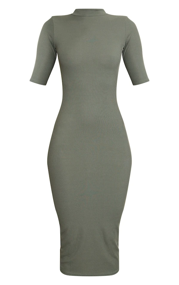 Robe Mi-longue Kaki à Col Haut Et Manches Courtes 5 Robe Mi-longue Kaki à Col Haut Et Manches Courtes – Image 5