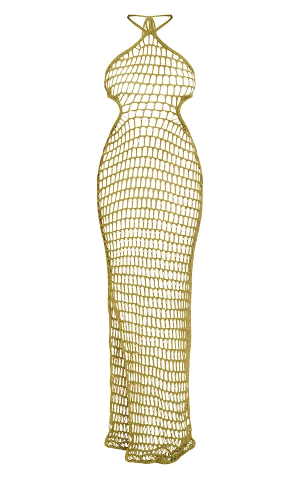 Robe Longue Dos Nu En Maille Crochet Ajourée Vert Olive 5 Robe Longue Dos Nu En Maille Crochet Ajourée Vert Olive – Image 5