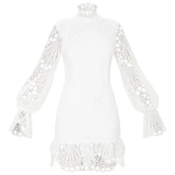 Robe Moulante Volantée Blanche à Col Haut Et Manches Longues En Dentelle -Pas Cher Robe Tendre Magasin 6441725cc12ffe55b61dc3e705b66bc453f6515b cmn2682 5