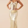 Robe Longue Dorée Métallisée à Liserés Et Bretelles