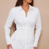 Robe Chemise Blanche à Partie Contrastante Sur La Taille