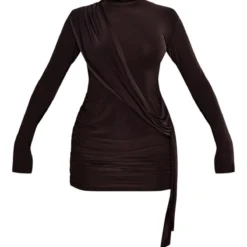 Robe Très Moulante Chocolat à Jupe Drapée Et épaulettes -Pas Cher Robe Tendre Magasin 67c75954fcb191b23e52e644e03ad10c9956a4f4 cnc7753 5