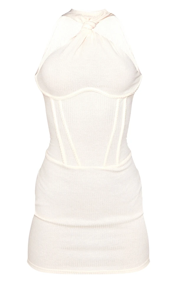 Robe-corset Moulante Texturée Crème à Armatures Et Col Montant Noué 5 Robe-corset Moulante Texturée Crème à Armatures Et Col Montant Noué – Image 5