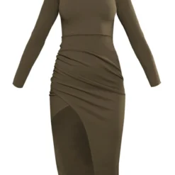 Robe Mi-longue Crêpée Kaki à Col Montant Et Manches Fendues -Pas Cher Robe Tendre Magasin 69067c32d48485b819057c0efc897a98319fc62d cnc7632 5