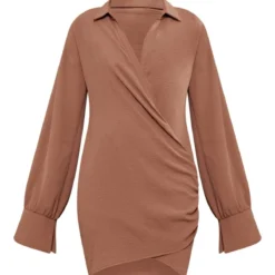 Robe Chemise Tissée Chocolat Texturée Très Décolletée à Manchettes évasées -Pas Cher Robe Tendre Magasin 6972af41163c2e521ed3ec62ffdc9457e0bbb469 cnb9161 5