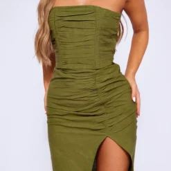 Robe Bustier Mi-longue Kaki Effet Lin Froncée Plissée -Pas Cher Robe Tendre Magasin 699a0a51e0870575f6798132aa543d54619092f1 cne1444 4