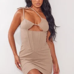 Robe Moulante En Jersey Texturé Taupe à Corset Et Bretelles