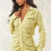 Robe Chemise Vert Olive Texturée Froncée à Boutons