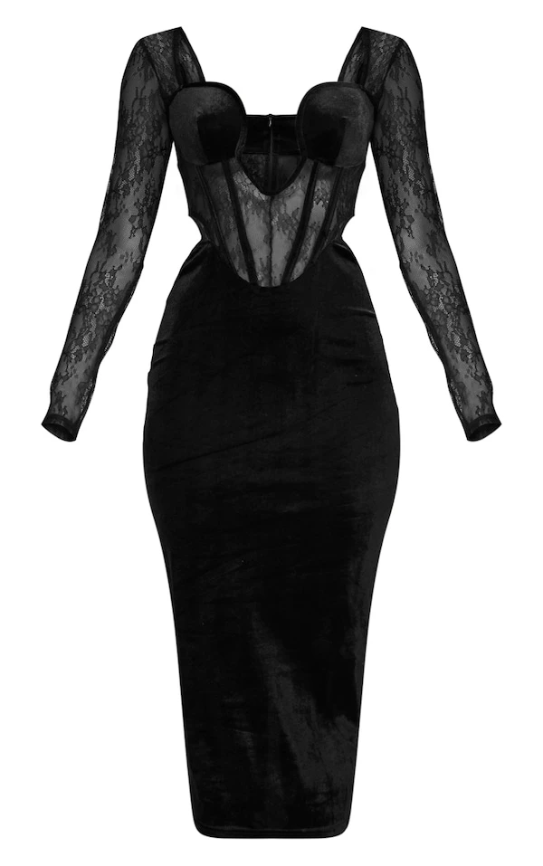 Robe Mi-longue Noire En Velours Et Dentelle à Corset Découpé 5 Robe Mi-longue Noire En Velours Et Dentelle à Corset Découpé – Image 5