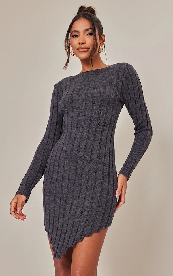 Robe Pull En Maille Tricot Gris Anthracite à Ourlet Tombant 3 Robe Pull En Maille Tricot Gris Anthracite à Ourlet Tombant – Image 3