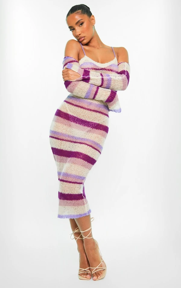 Robe Longue En Maille Tricot Ajourée à Rayures Lilas Et Manches