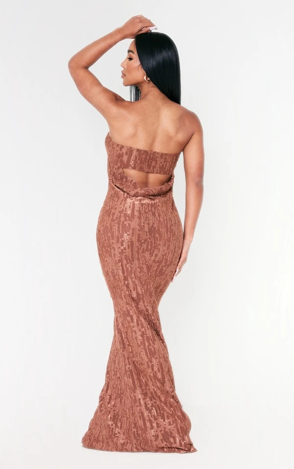 Robe Longue Bustier Texturée Marron Chocolat Métallisée à Dos Bénitier 3 Robe Longue Bustier Texturée Marron Chocolat Métallisée à Dos Bénitier – Image 3