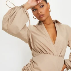 Robe Chemise Moulante Décolletée Gris Pierre Froncée à Manchettes Nouées -Pas Cher Robe Tendre Magasin 6b7d566da162291760cede7a23d003ca0b0e14e6 cmo2092 4