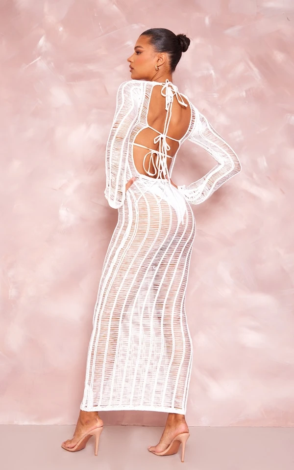 Robe Longue En Maille Tricot Crème à Franges Et Dos Nu 2 Robe Longue En Maille Tricot Crème à Franges Et Dos Nu – Image 2