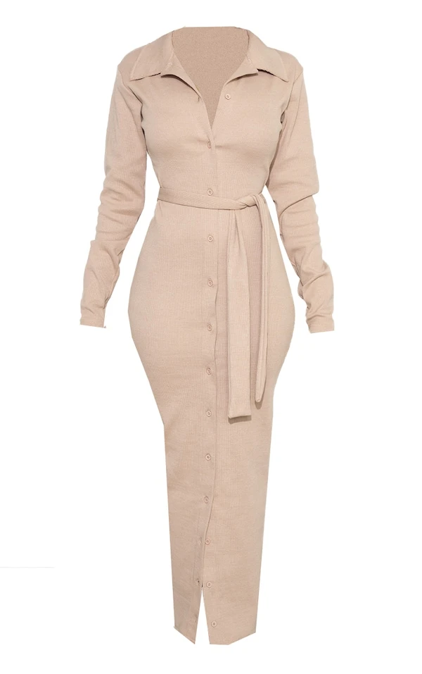 Robe Longue Côtelée Taupe à Col Et Boutons Détail Taille Nouée 5 Robe Longue Côtelée Taupe à Col Et Boutons Détail Taille Nouée – Image 5