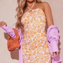 Robe Moulante Orange Fleurie Rétro à Dos Nu Et Détail Anneau