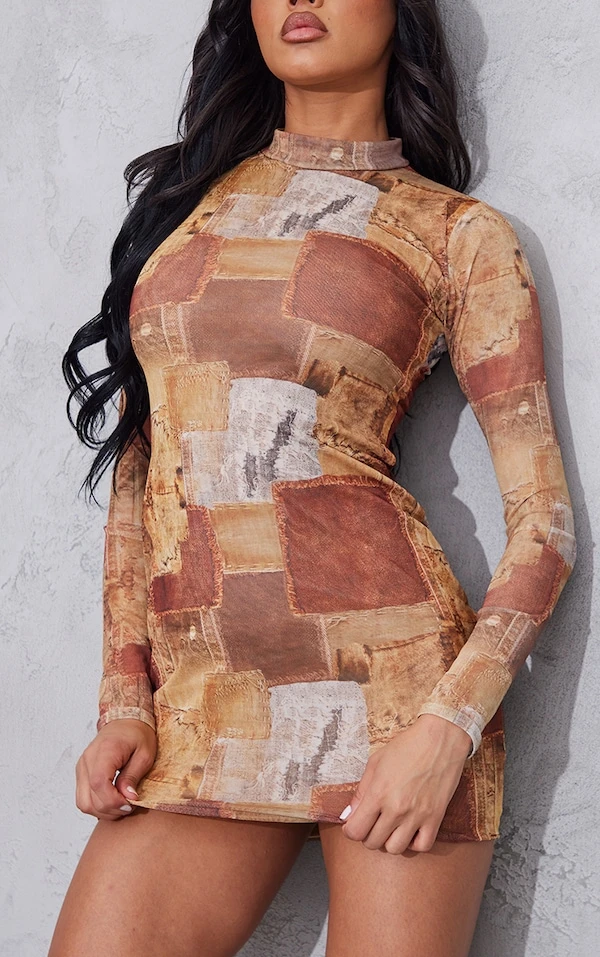 Robe Moulante En Mesh Froncé Marron Imprimé Jean à Manches Longues 4 Robe Moulante En Mesh Froncé Marron Imprimé Jean à Manches Longues – Image 4