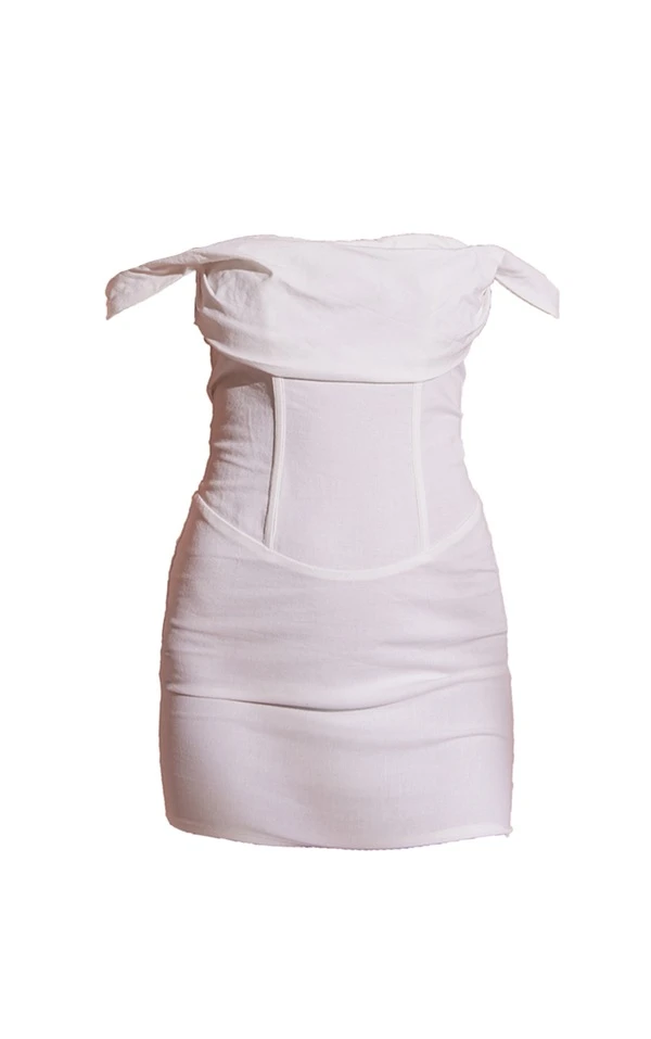 Robe Moulante Blanche Effet Lin Drapée à Corset Col Bardot 5 Robe Moulante Blanche Effet Lin Drapée à Corset Col Bardot – Image 5