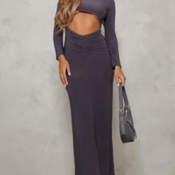Robe Longue Moulante Découpée Gris Anthracite à Taille Froncée Et Manches Longues