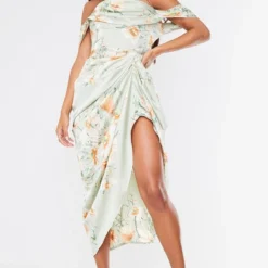 Robe Mi-longue Satinée Vert Sauge Effet Drapé à Col Bardot -Pas Cher Robe Tendre Magasin 7152b3a1f4e5286529f6df3d27028d731fa6fc7d cmq6545 4