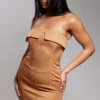 Robe Moulante Bustier Tissée Camel à Détail Corset Replié