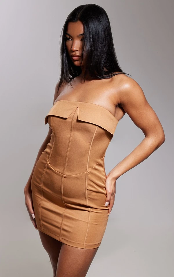 Robe Moulante Bustier Tissée Camel à Détail Corset Replié 1 Robe Moulante Bustier Tissée Camel à Détail Corset Replié