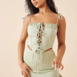 Robe Droite Volantée Vert Sauge à Corset Lacé