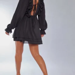 Robe Droite En Mousseline De Soie Noire à Dos Noué -Pas Cher Robe Tendre Magasin 728b53cd417b31b2d14dc17c6cd9a203b3f924a8 cna6852 2
