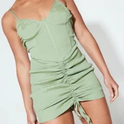 Robe Moulante Texturée Froncée Vert Sauge à Armatures Et Liserés -Pas Cher Robe Tendre Magasin 73978732c1494e0dcda296fd55574dd39531e96a cnd7682 4